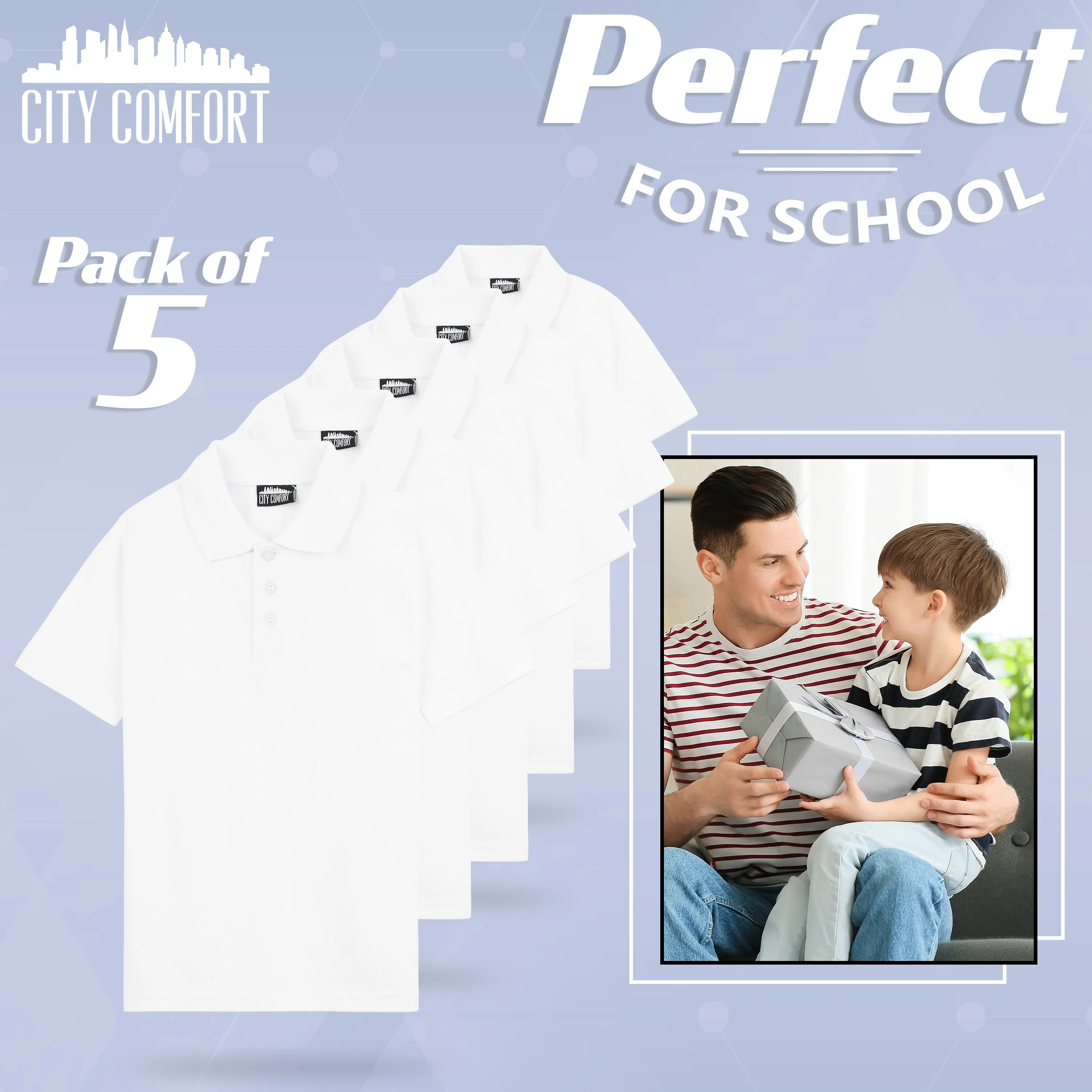 CityComfort White Polo Shirt Boys and Girls, Plain Short Sleeve T Shirt - 5 Pack