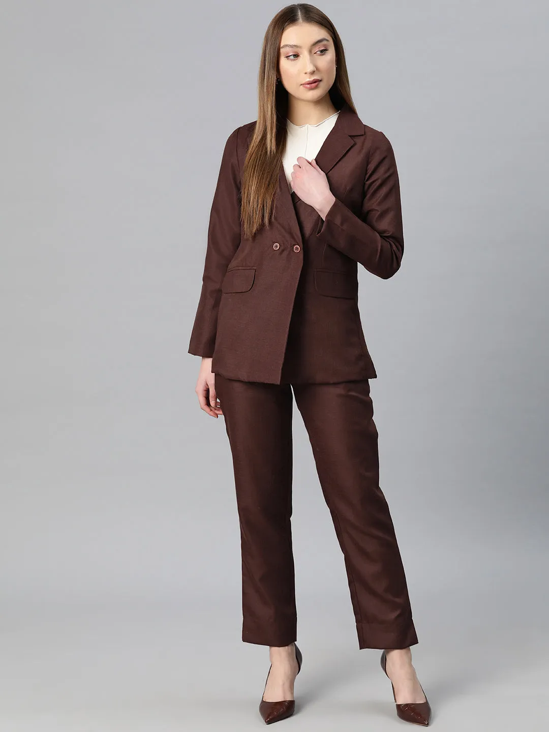 Cottinfab Women Solid Double-Breasted Two-Piece Suit