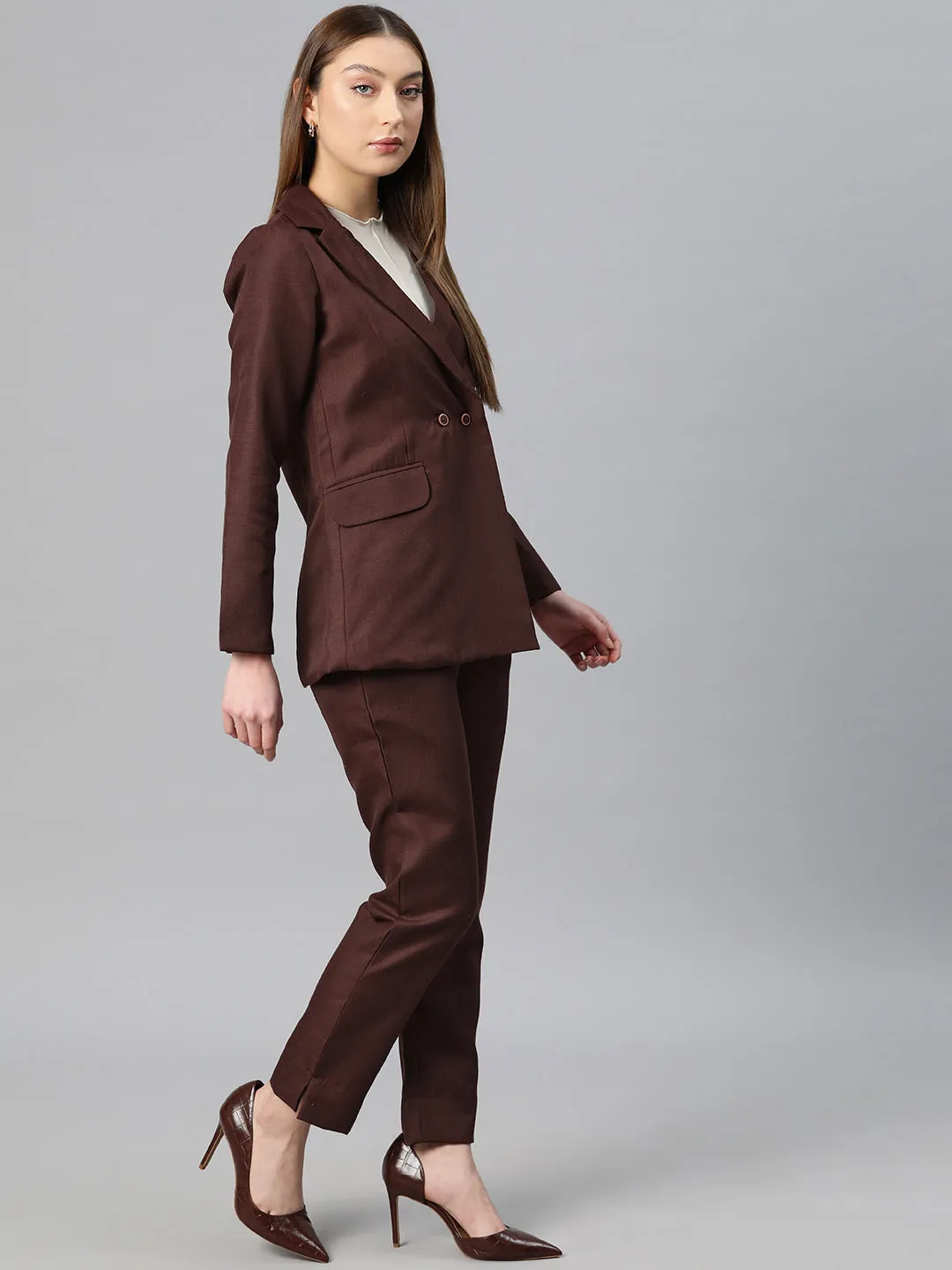 Cottinfab Women Solid Double-Breasted Two-Piece Suit