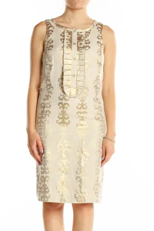 Cream Gold Embroidered Sleeveless Linen Dress