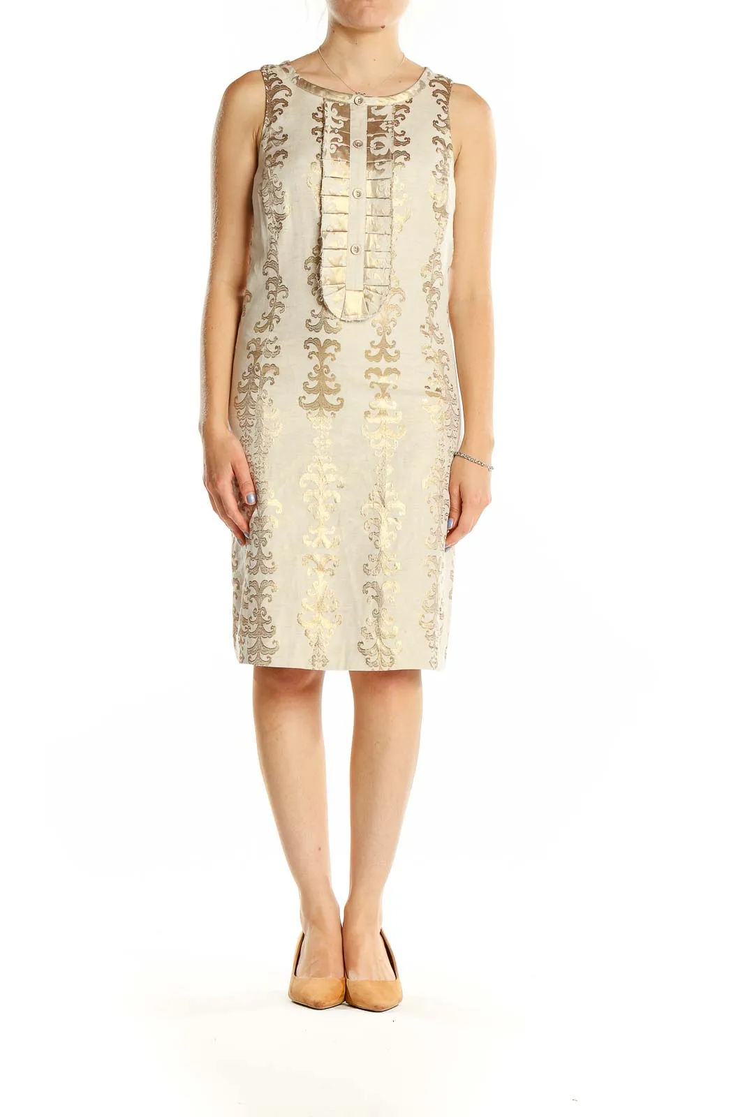 Cream Gold Embroidered Sleeveless Linen Dress