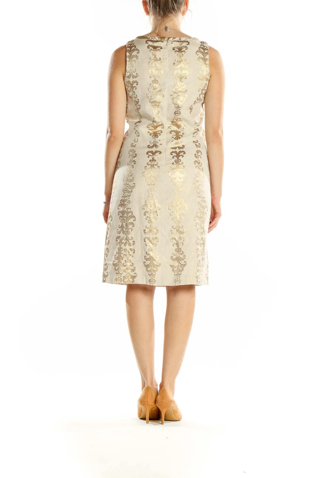 Cream Gold Embroidered Sleeveless Linen Dress