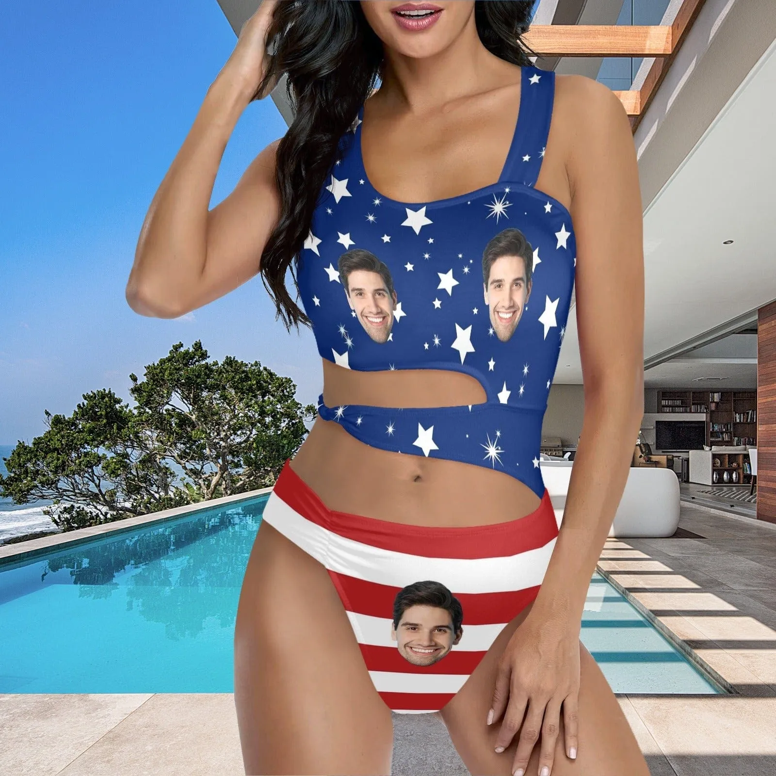Custom Face American Flag Style Women's Waist Cutout One Piece Swimsuit Personalized Photo Bathing Suit
