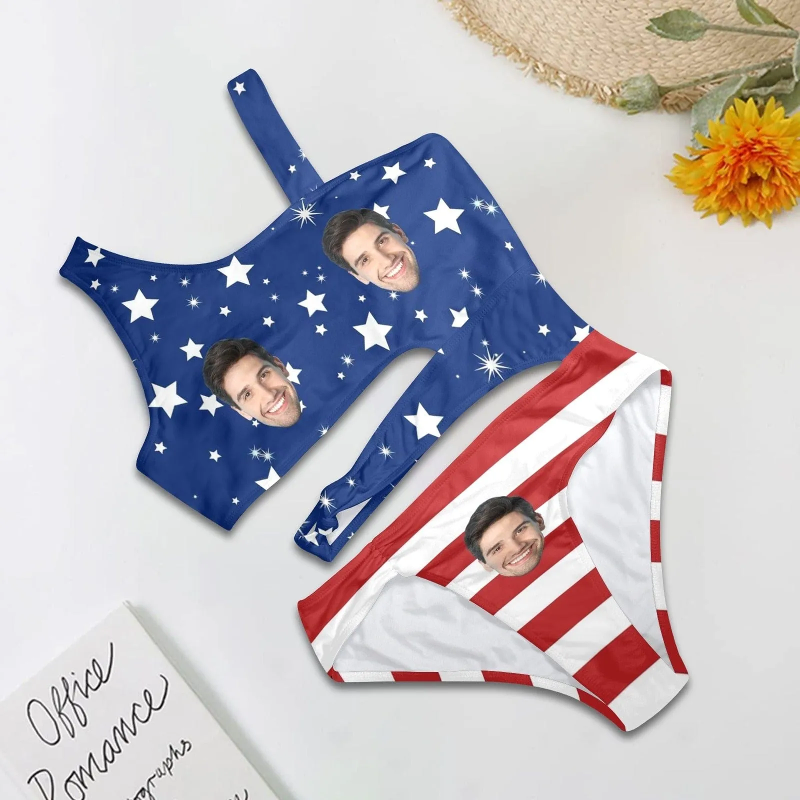 Custom Face American Flag Style Women's Waist Cutout One Piece Swimsuit Personalized Photo Bathing Suit