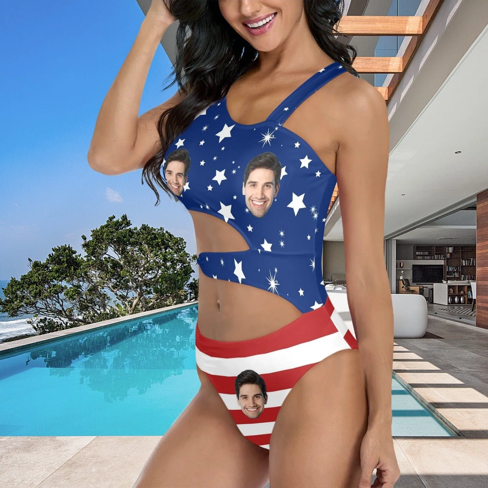 Custom Face American Flag Style Women's Waist Cutout One Piece Swimsuit Personalized Photo Bathing Suit