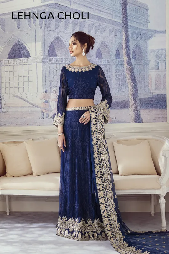 Designer Chiffon Lehnga Choli in Navy Blue #M0004