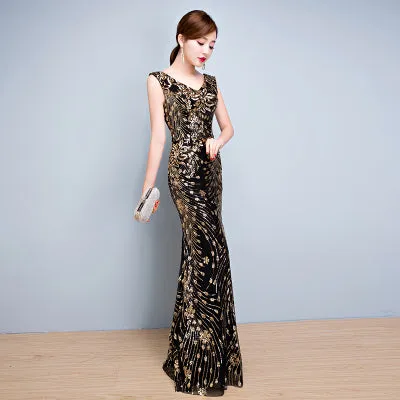 DongCMY 2018 New WT01568 Sexy Long Formal Evening dress Black Color Female V-neck Mermaid Party Dresses