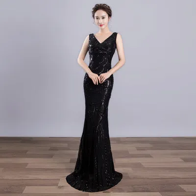 DongCMY 2018 New WT01568 Sexy Long Formal Evening dress Black Color Female V-neck Mermaid Party Dresses