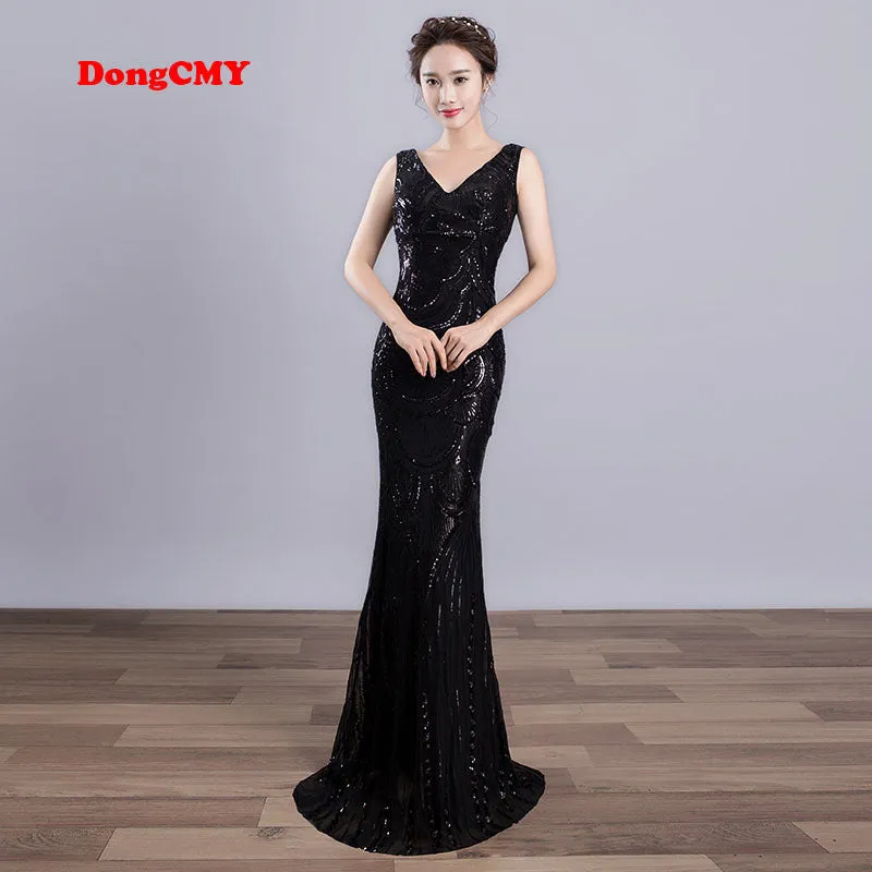 DongCMY 2018 New WT01568 Sexy Long Formal Evening dress Black Color Female V-neck Mermaid Party Dresses