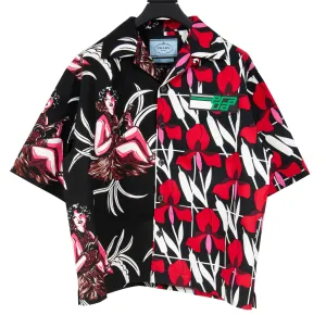 Double Match Heavy Cotton Black Red Floral Hawaiian Bowling Shirt