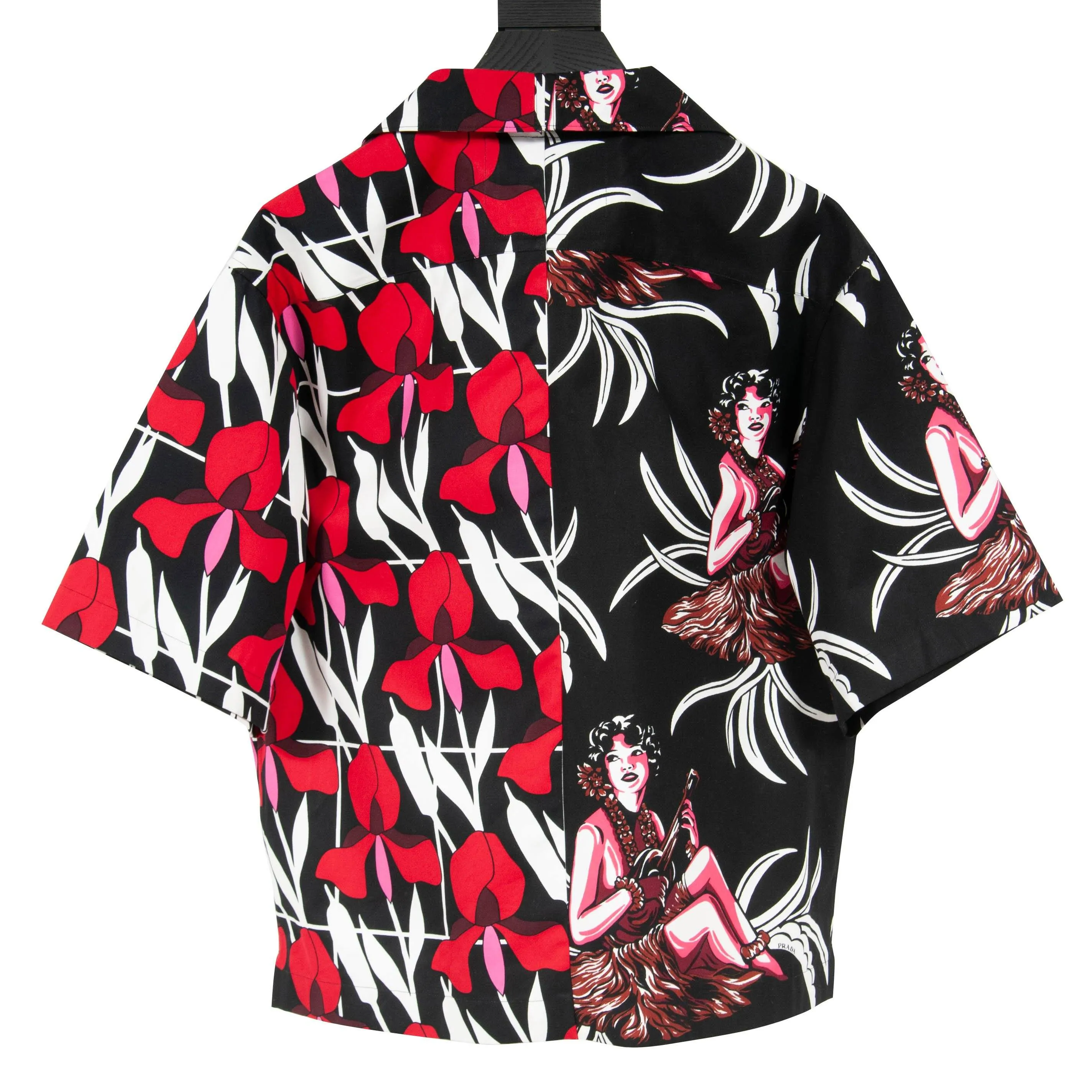 Double Match Heavy Cotton Black Red Floral Hawaiian Bowling Shirt