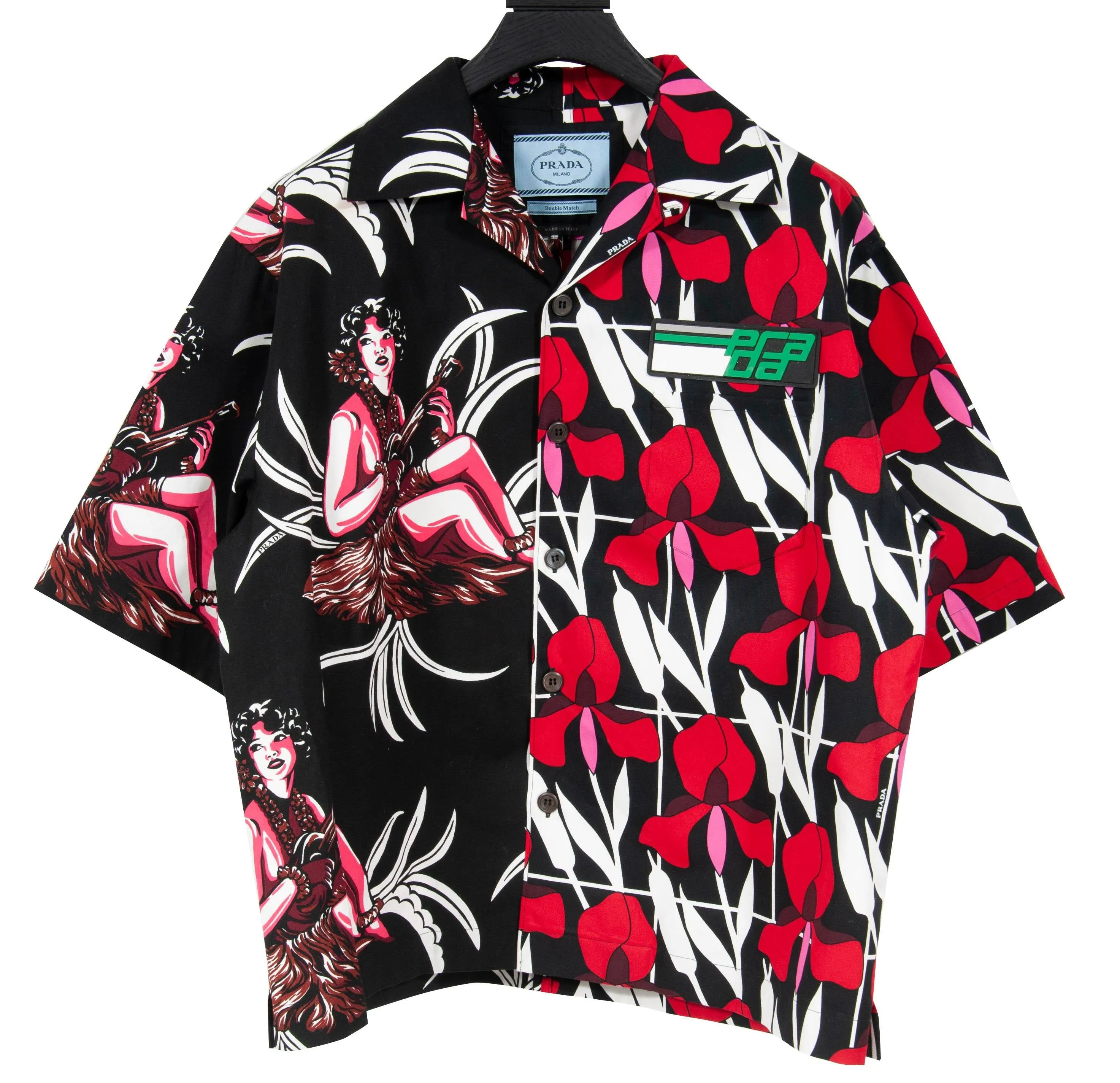 Double Match Heavy Cotton Black Red Floral Hawaiian Bowling Shirt