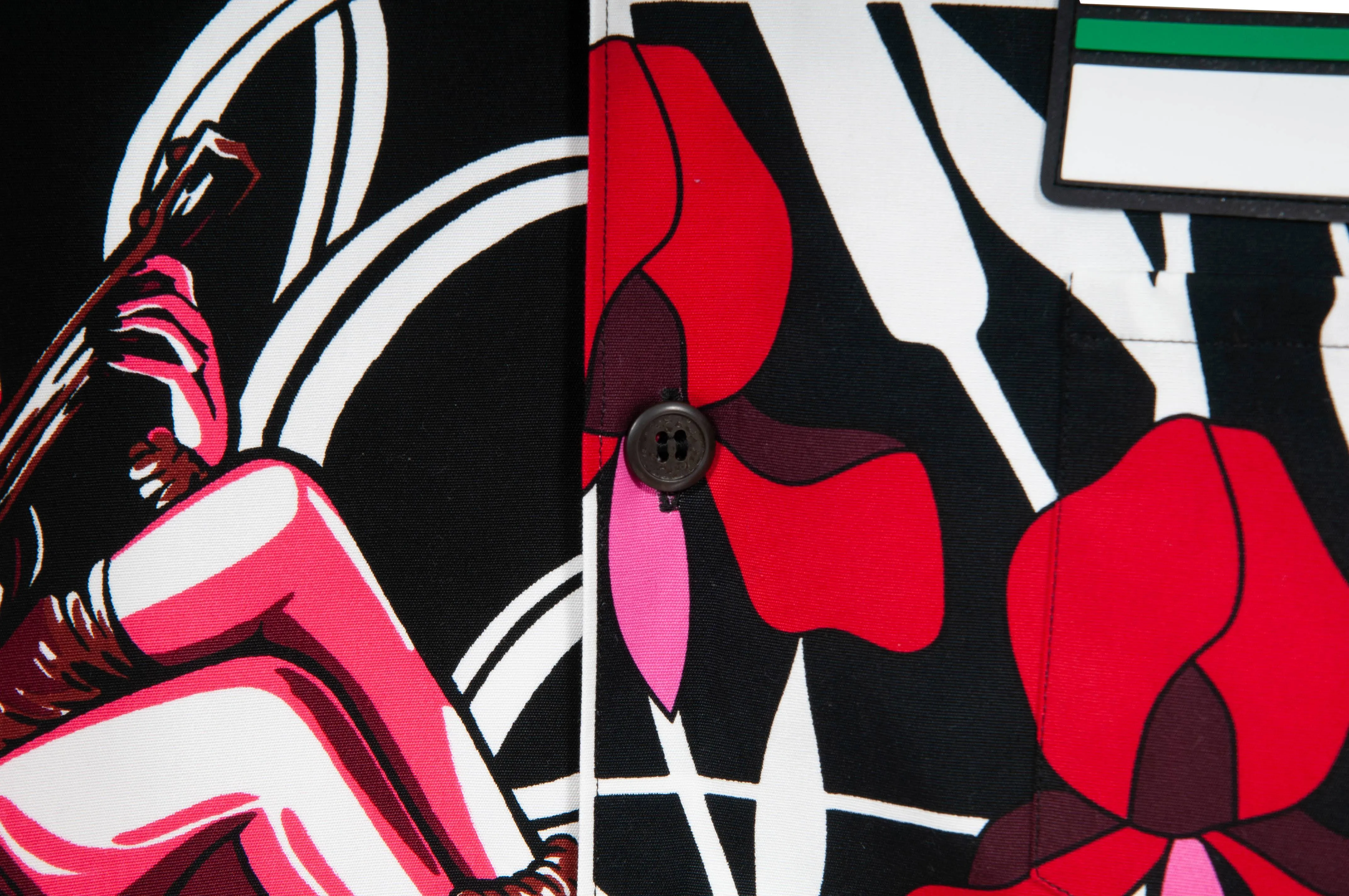 Double Match Heavy Cotton Black Red Floral Hawaiian Bowling Shirt