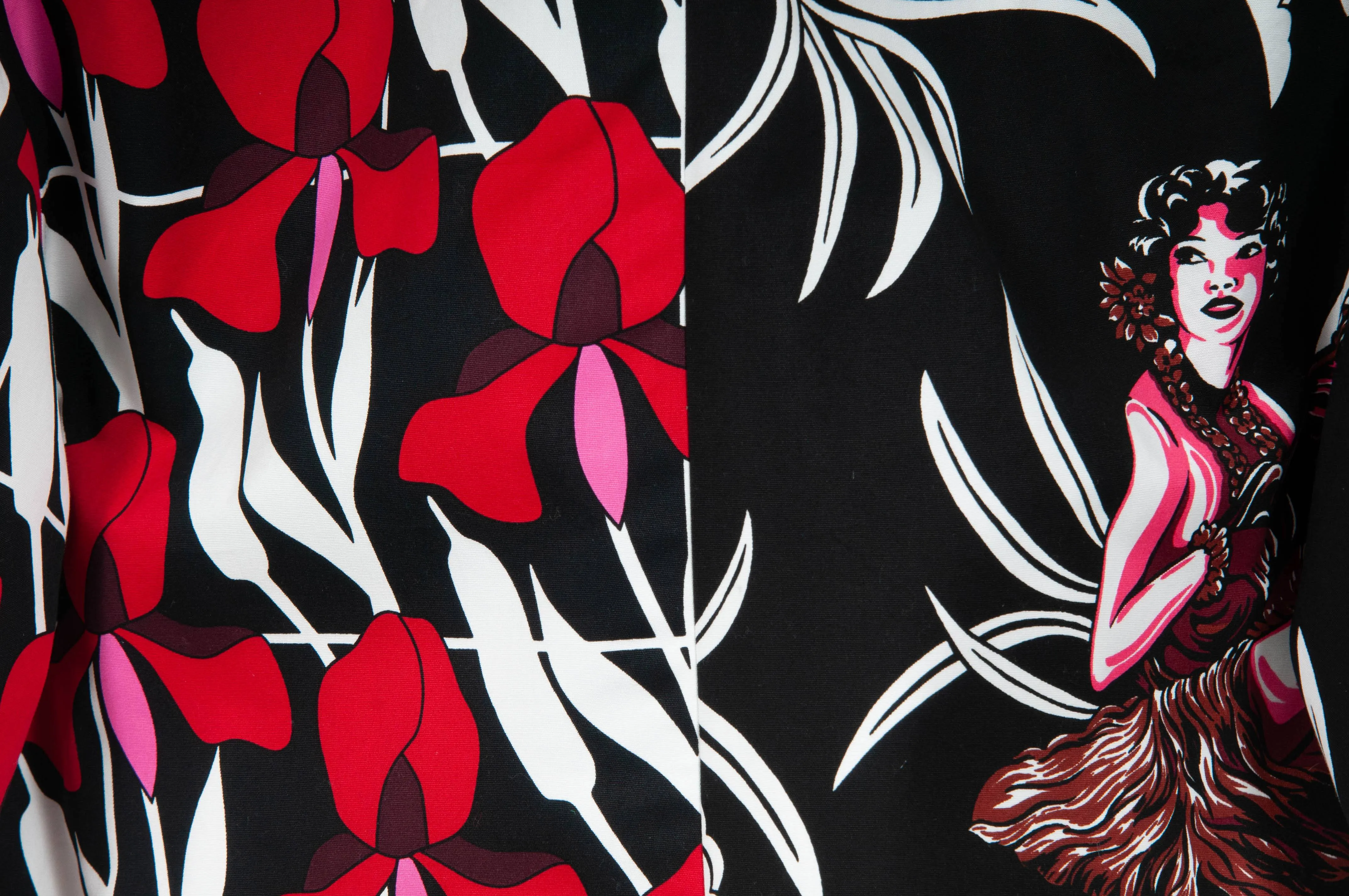 Double Match Heavy Cotton Black Red Floral Hawaiian Bowling Shirt