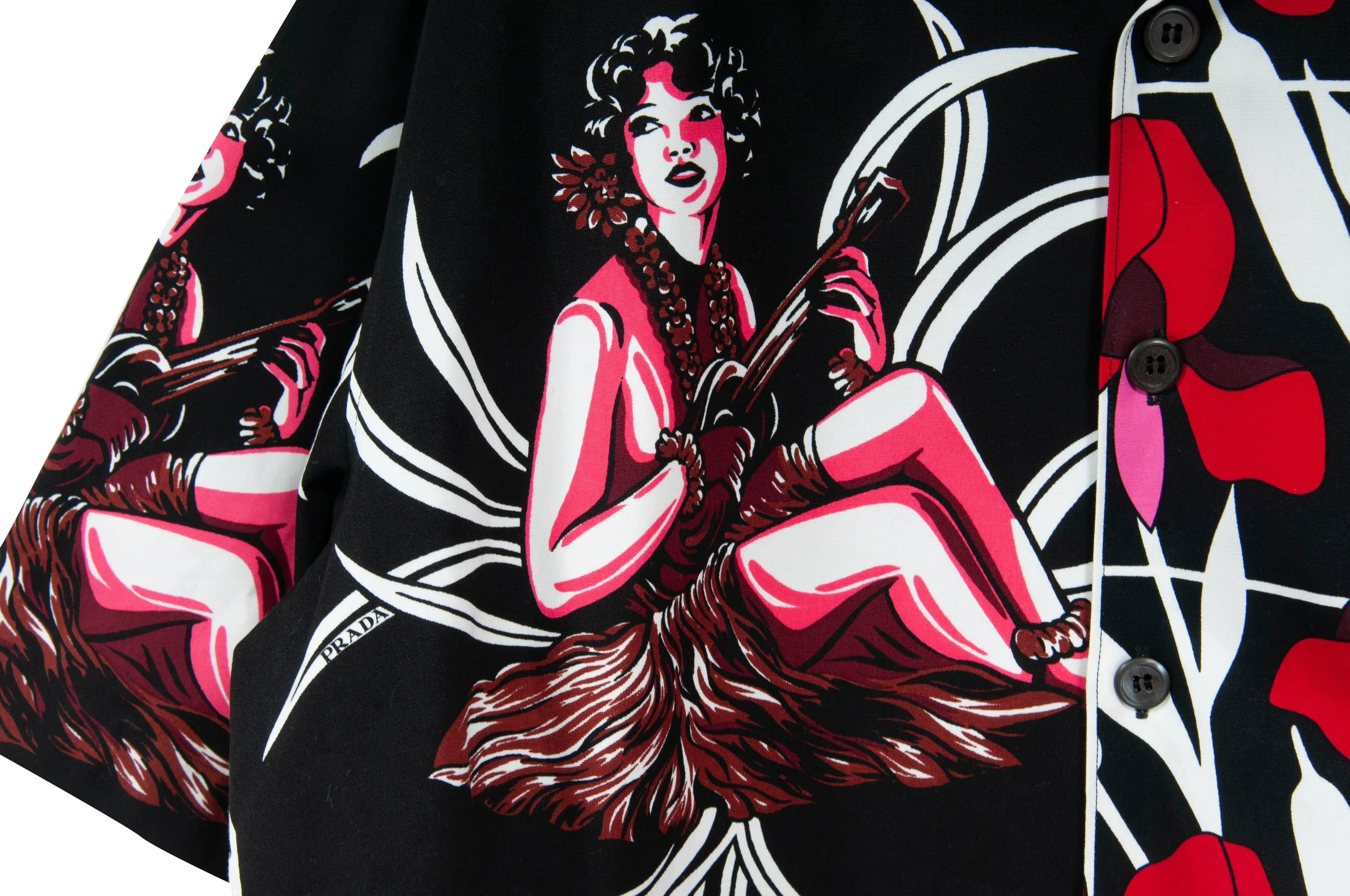 Double Match Heavy Cotton Black Red Floral Hawaiian Bowling Shirt