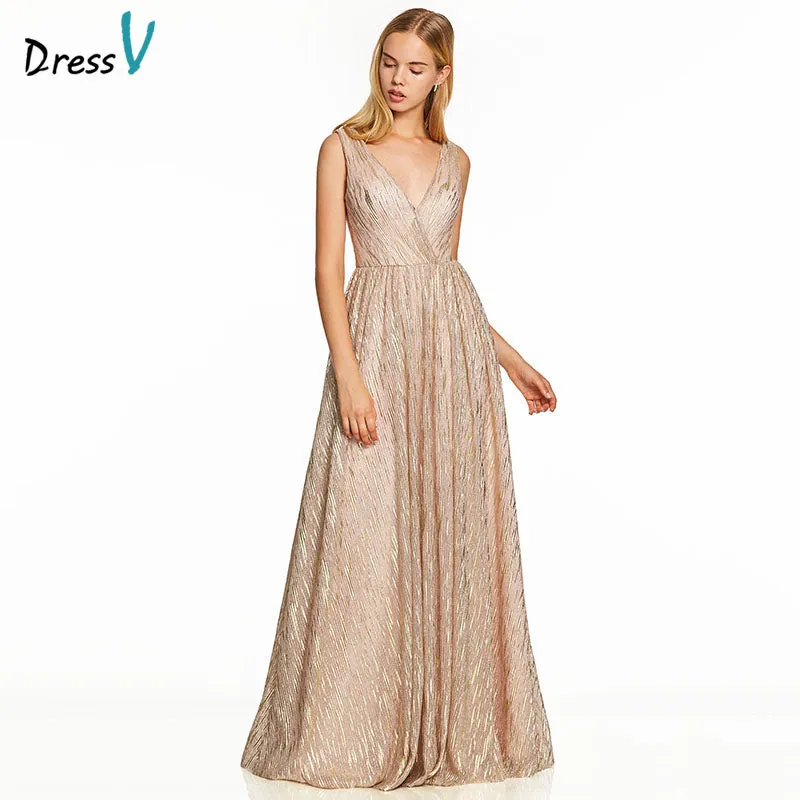 DressV pink long evening dress gilding backless cheap v neck wedding party formal dress a line tulle evening dresses