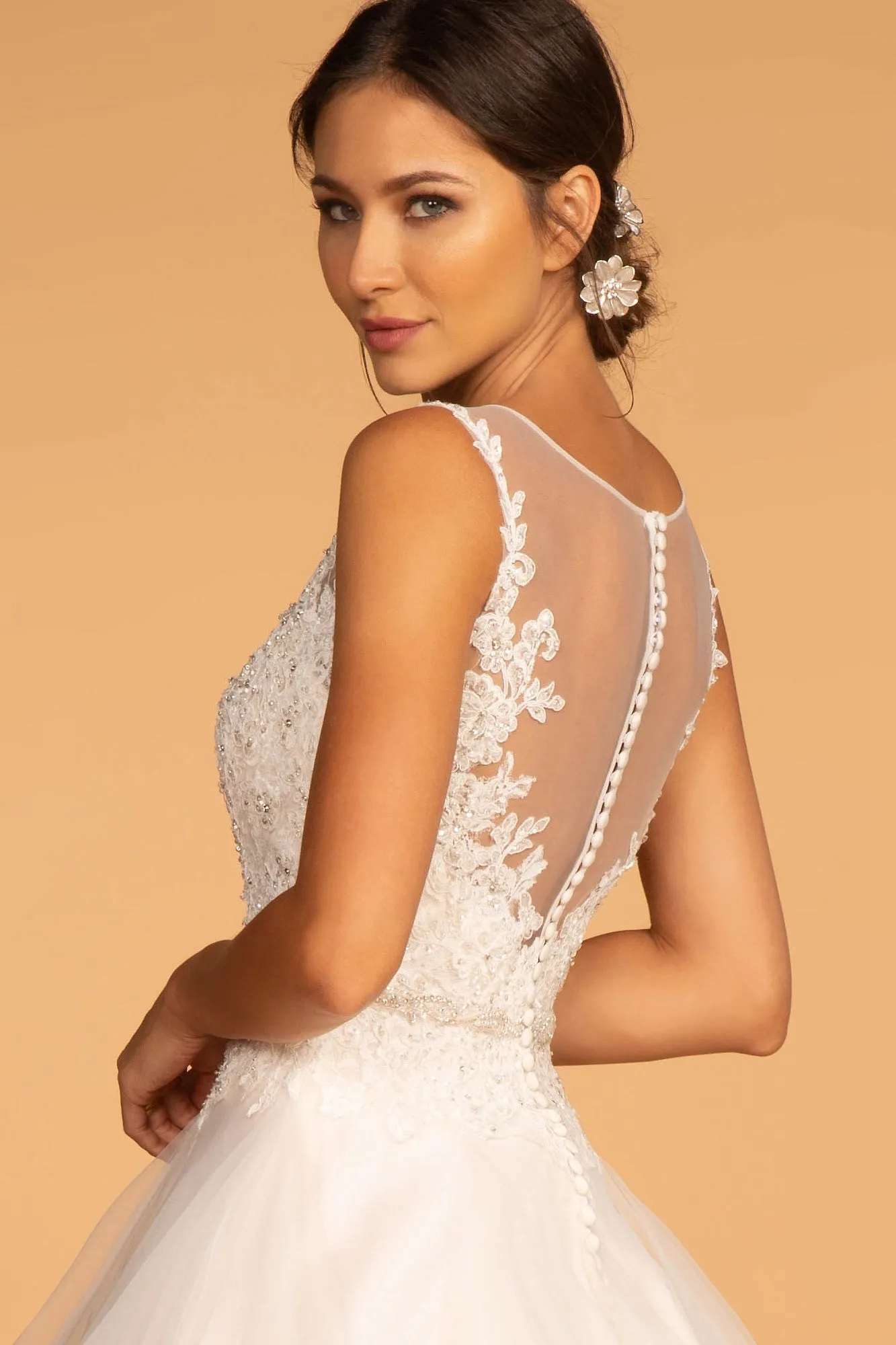 Embroidered Bodice Layered Hem Tulle Wedding Gown GLGL2599