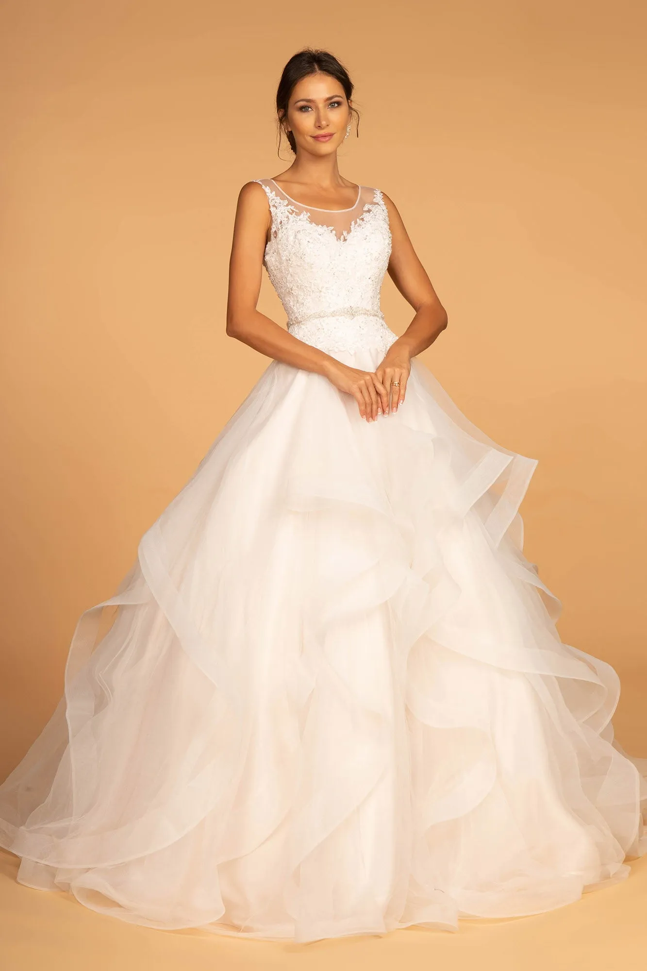 Embroidered Bodice Layered Hem Tulle Wedding Gown GLGL2599