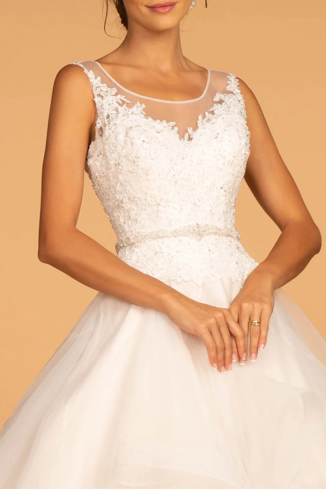 Embroidered Bodice Layered Hem Tulle Wedding Gown GLGL2599