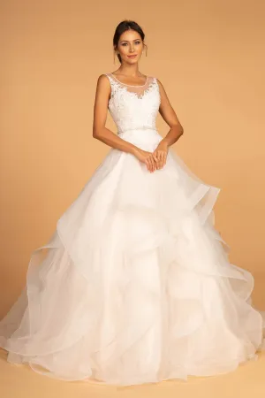 Embroidered Bodice Layered Hem Tulle Wedding Gown GLGL2599