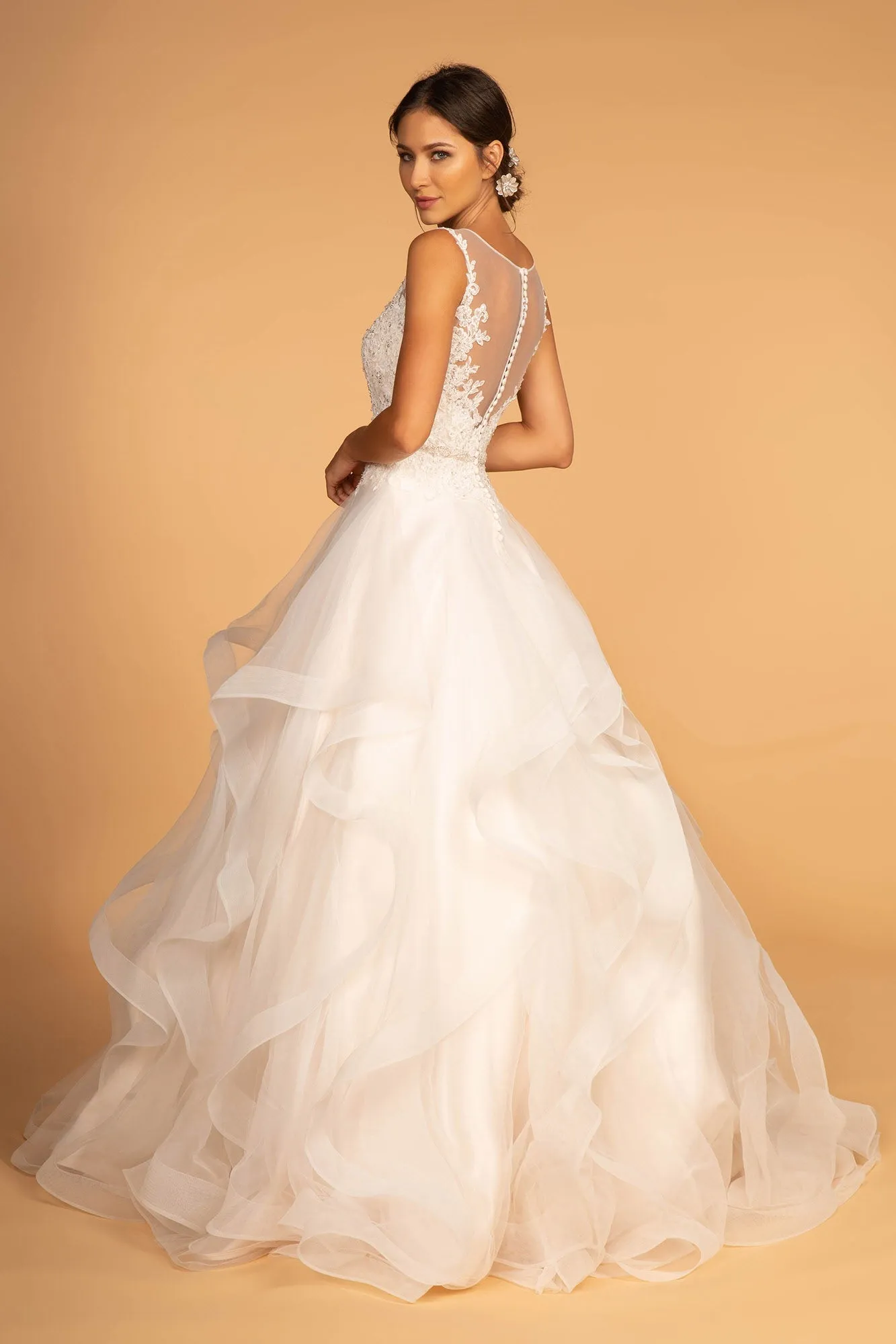 Embroidered Bodice Layered Hem Tulle Wedding Gown GLGL2599