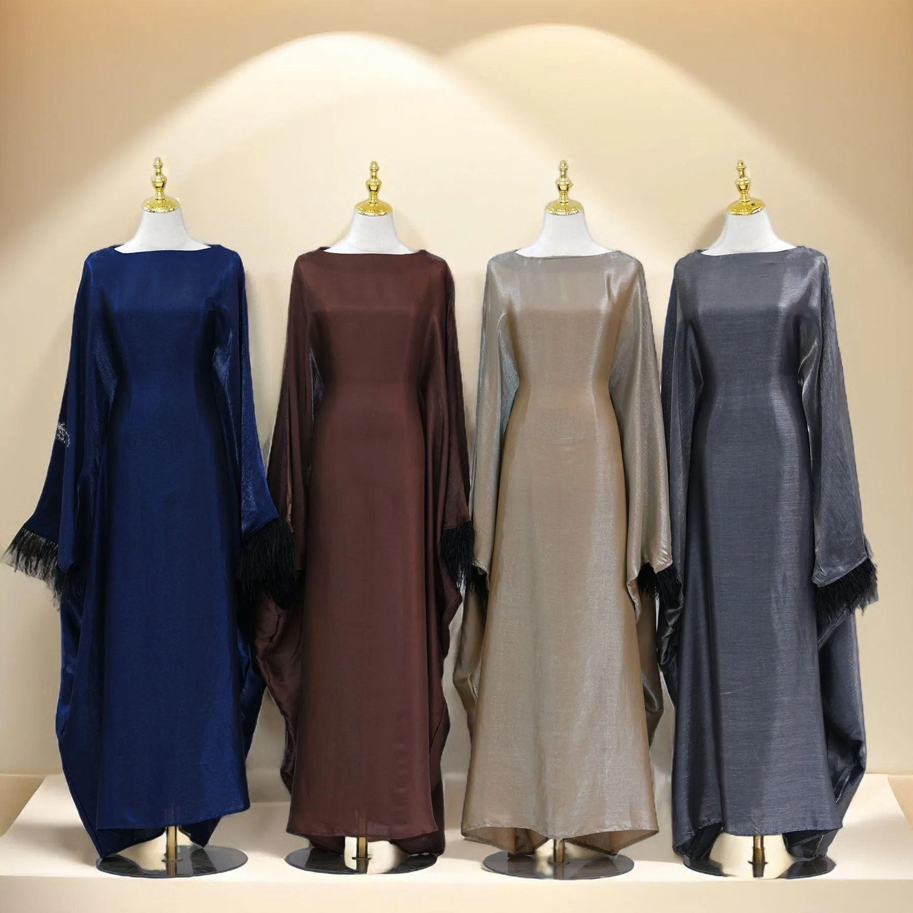 Evening batwing abaya dress with feather sleeves