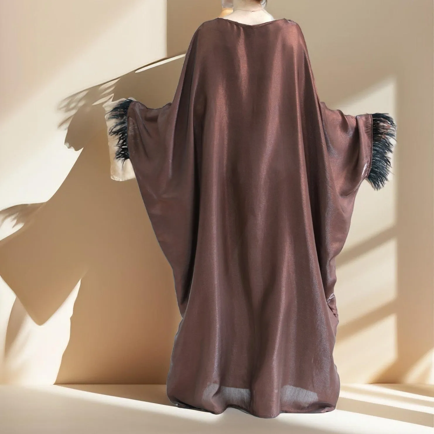 Evening batwing abaya dress with feather sleeves