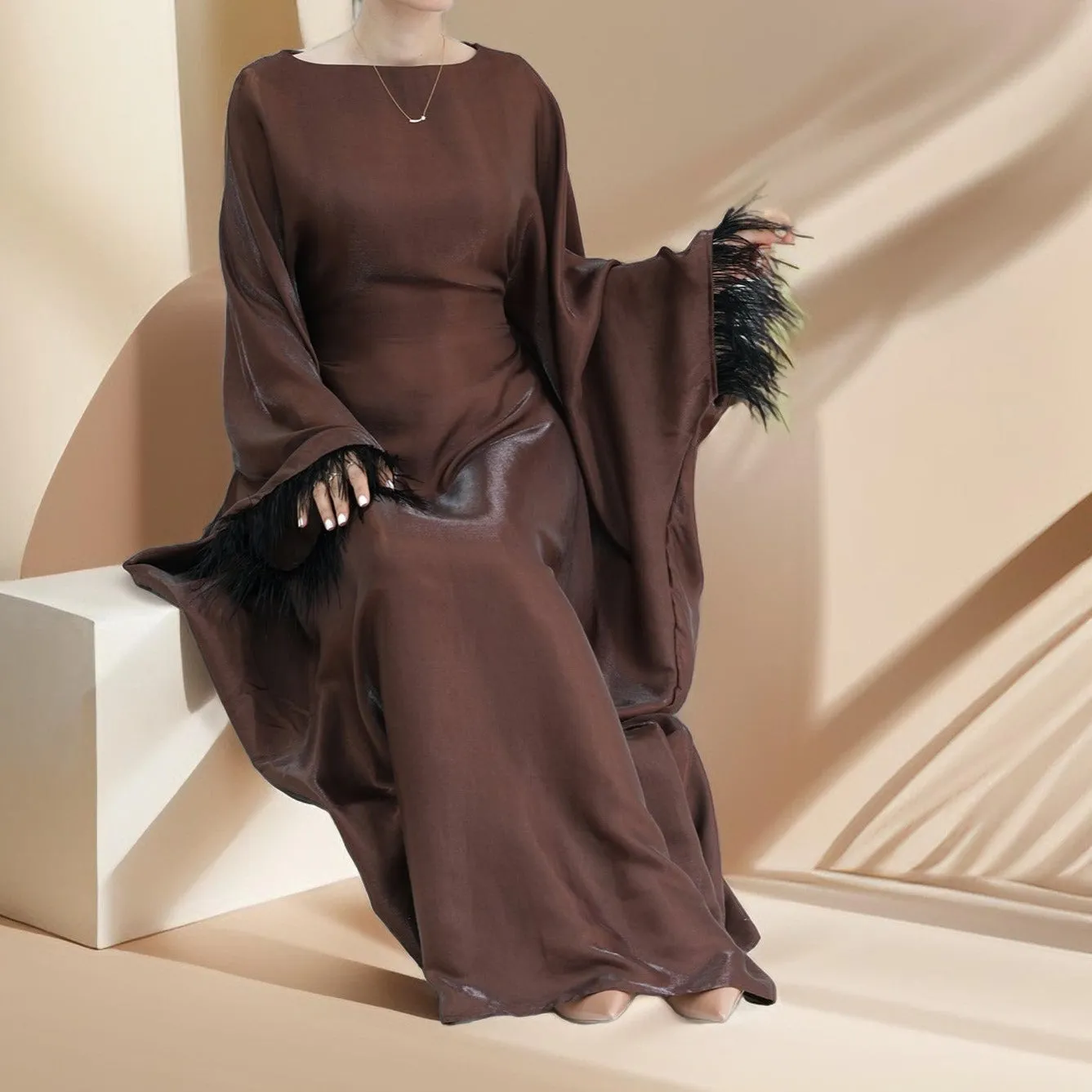 Evening batwing abaya dress with feather sleeves
