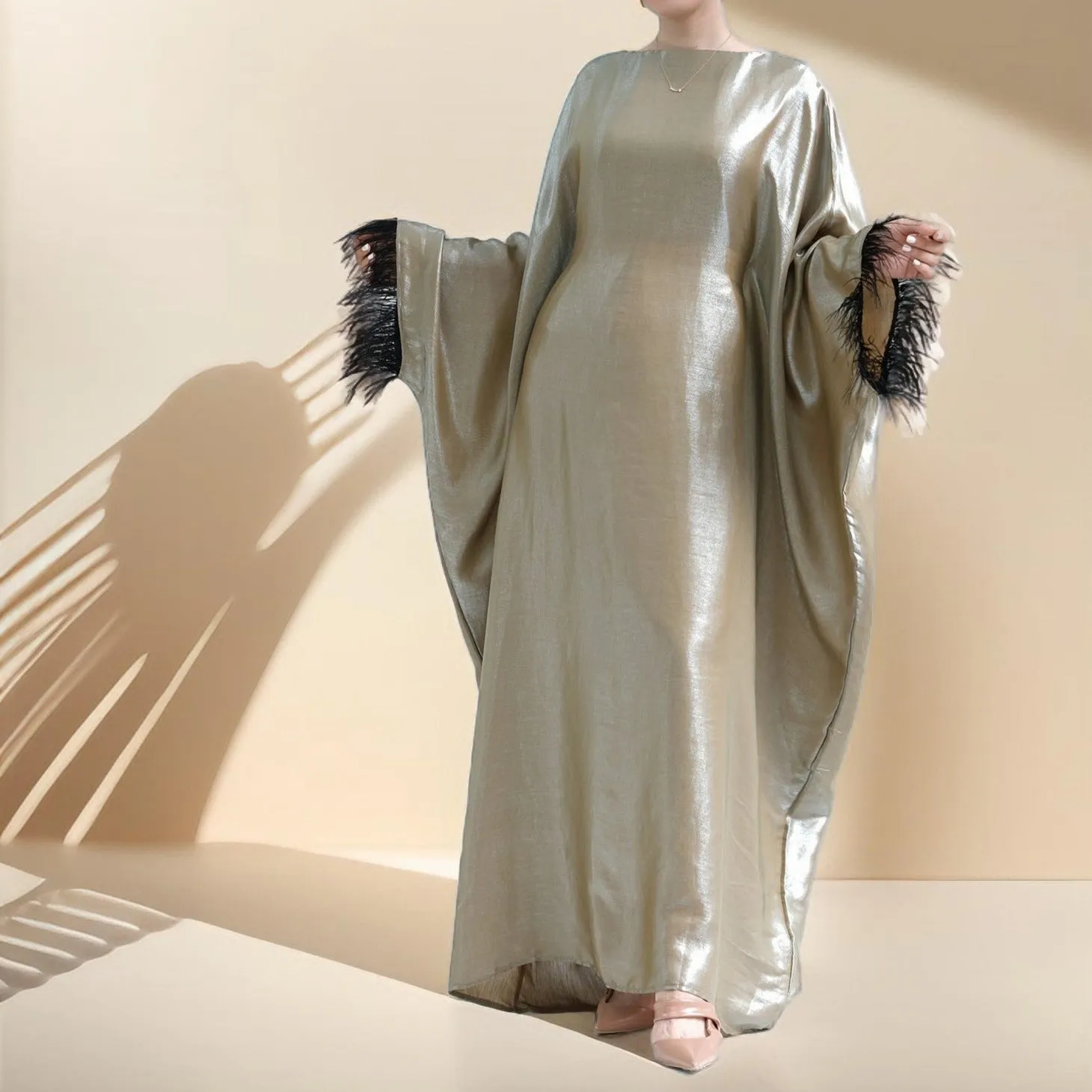 Evening batwing abaya dress with feather sleeves