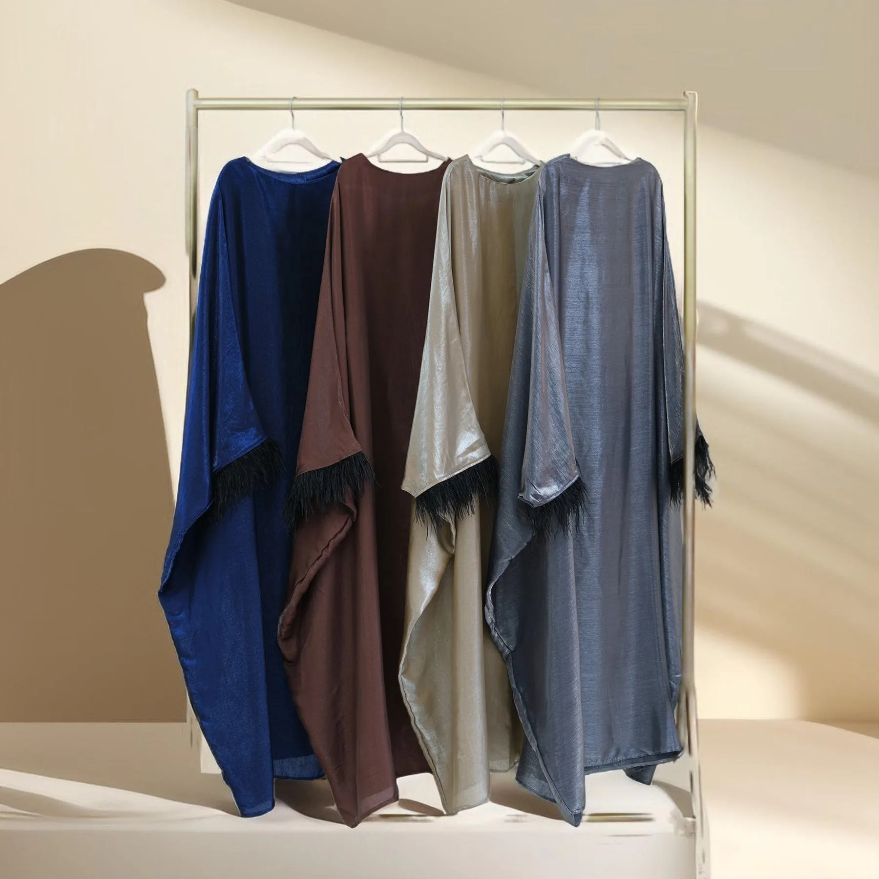 Evening batwing abaya dress with feather sleeves