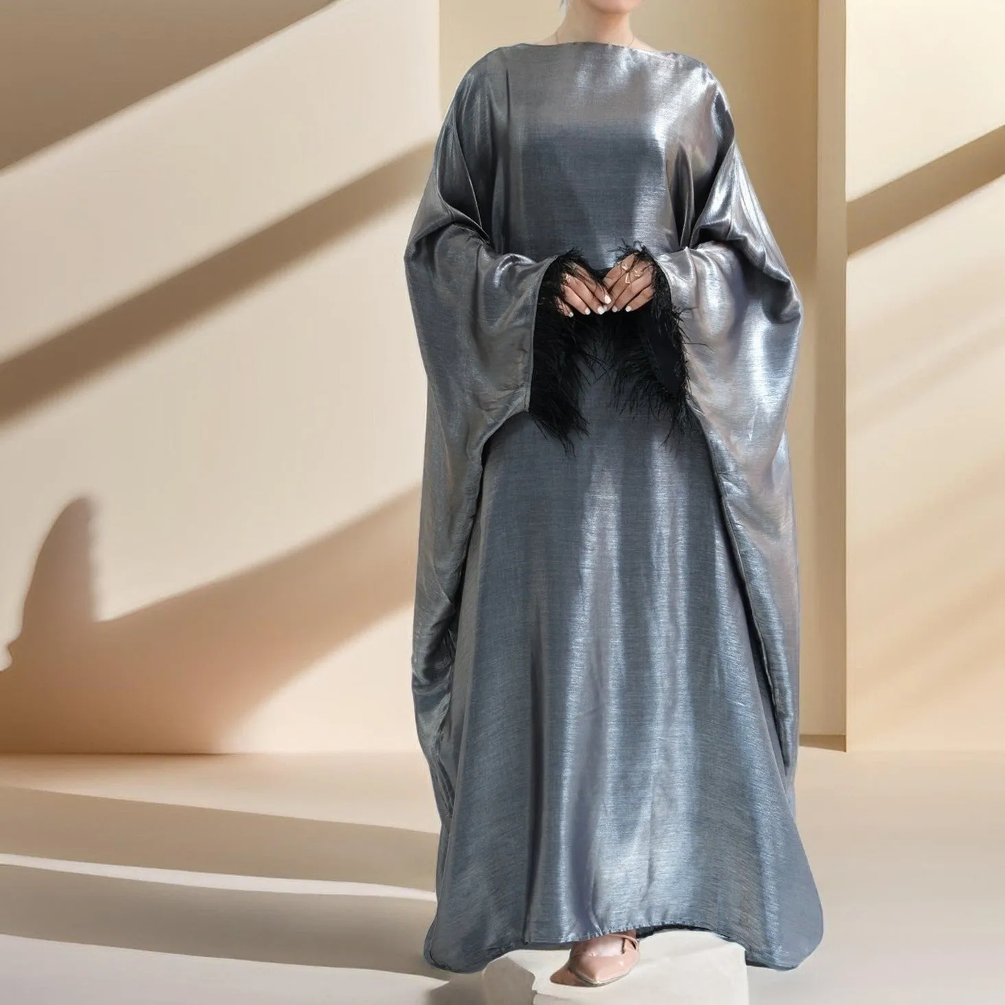 Evening batwing abaya dress with feather sleeves