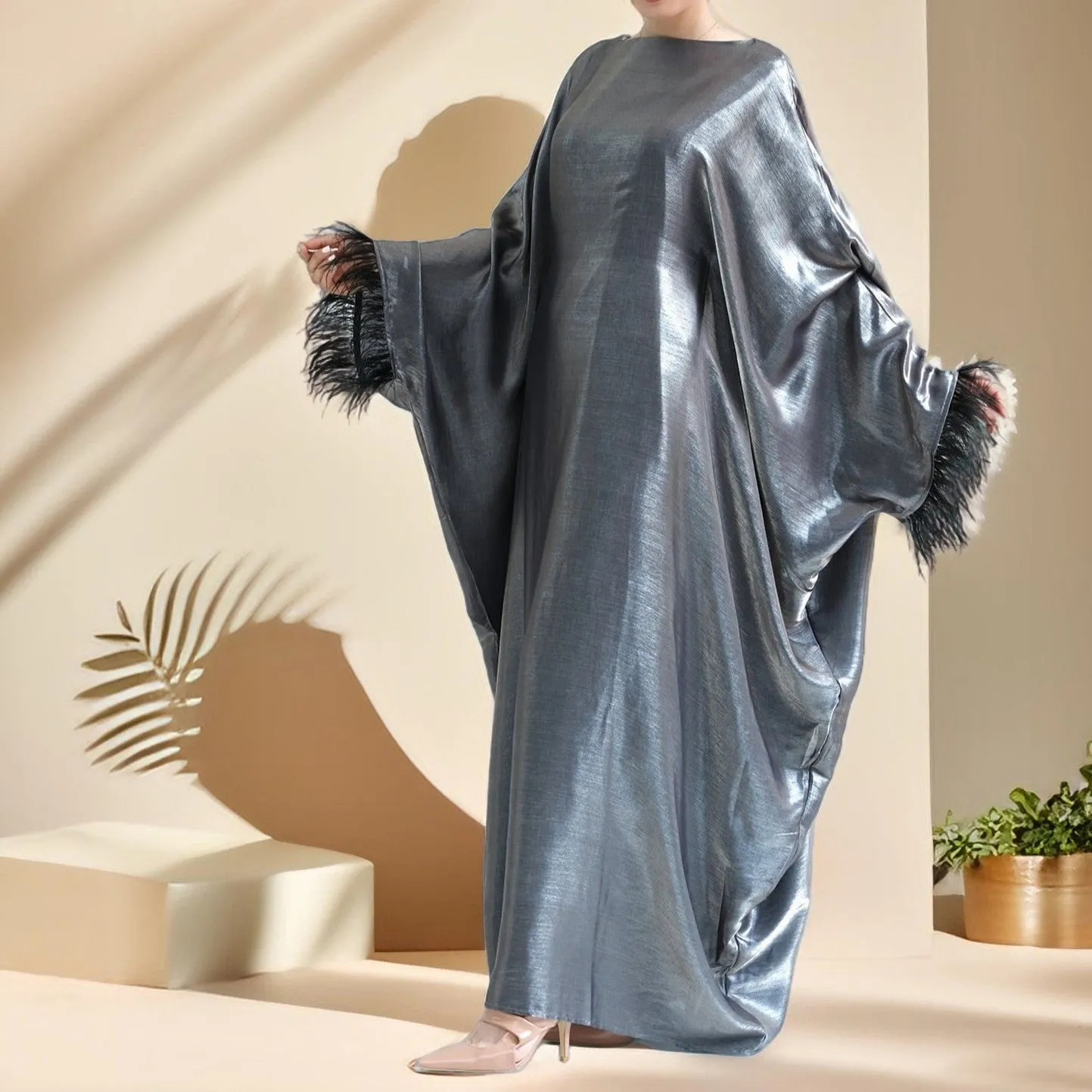 Evening batwing abaya dress with feather sleeves