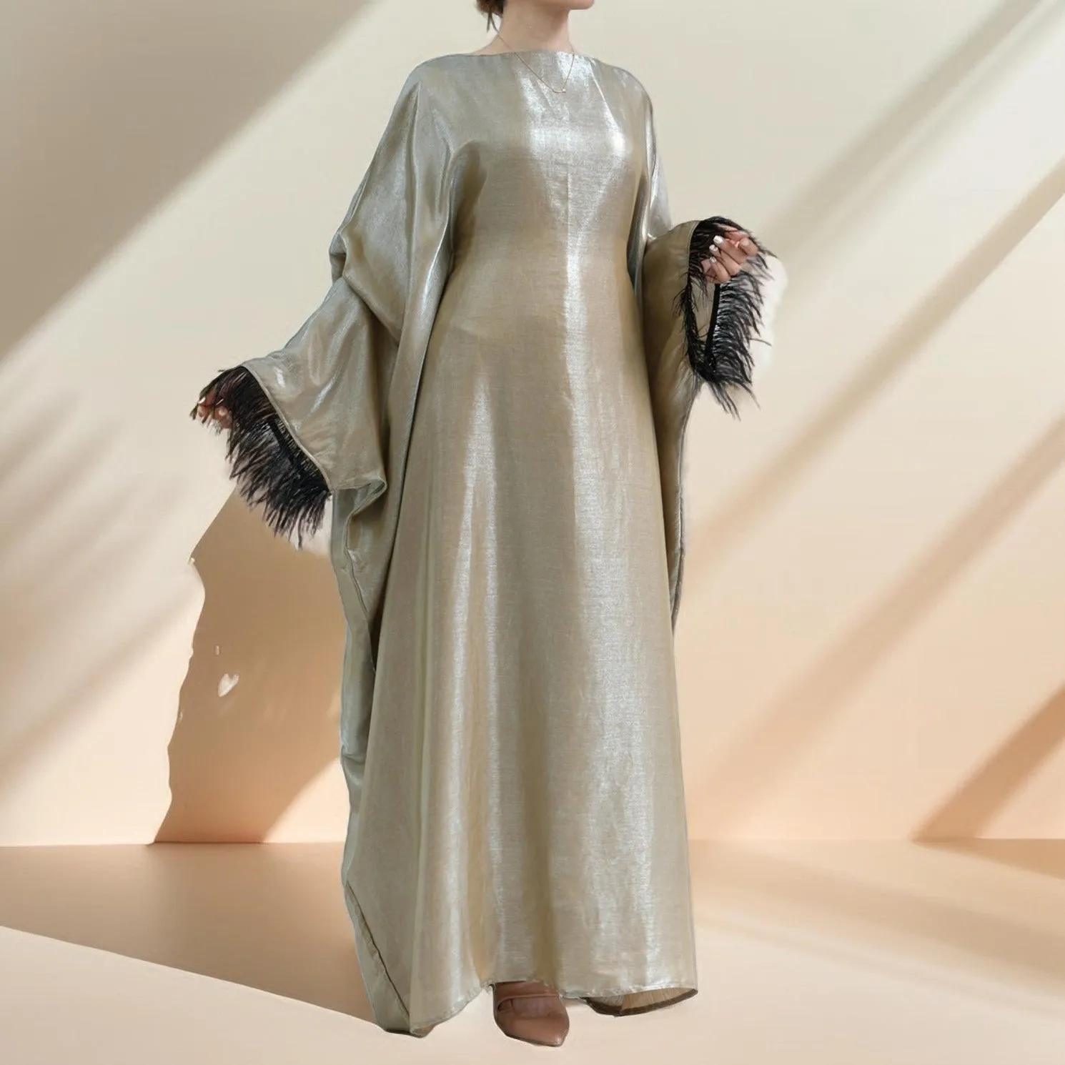 Evening batwing abaya dress with feather sleeves