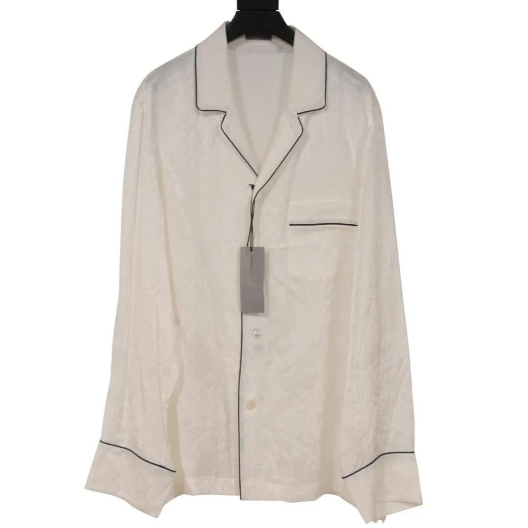 Floral Pyjama Button Down Shirt Large White Black Woven Silk Viscose