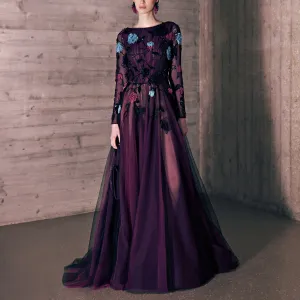 Fuchsia And Black Gradient Tulle Dress With 3D Embroidered