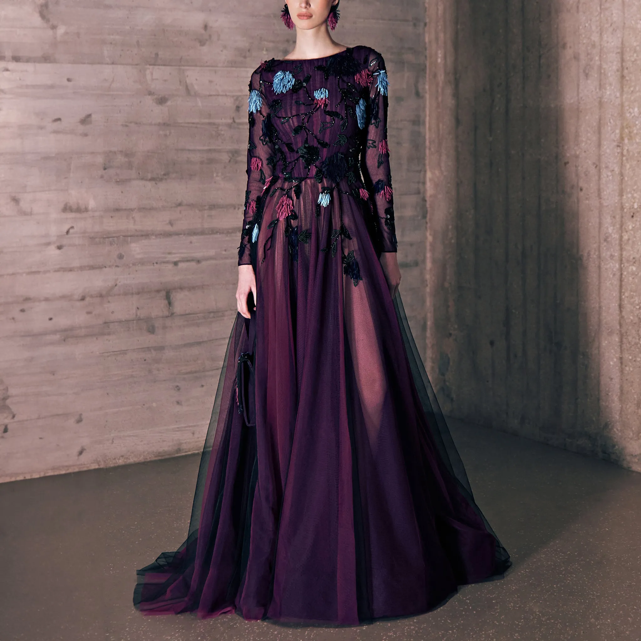 Fuchsia And Black Gradient Tulle Dress With 3D Embroidered