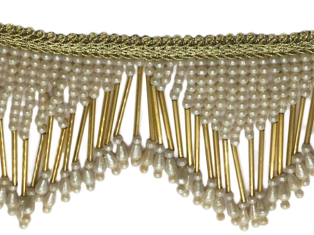 Golden White Pearl String Fringe Designer Lace