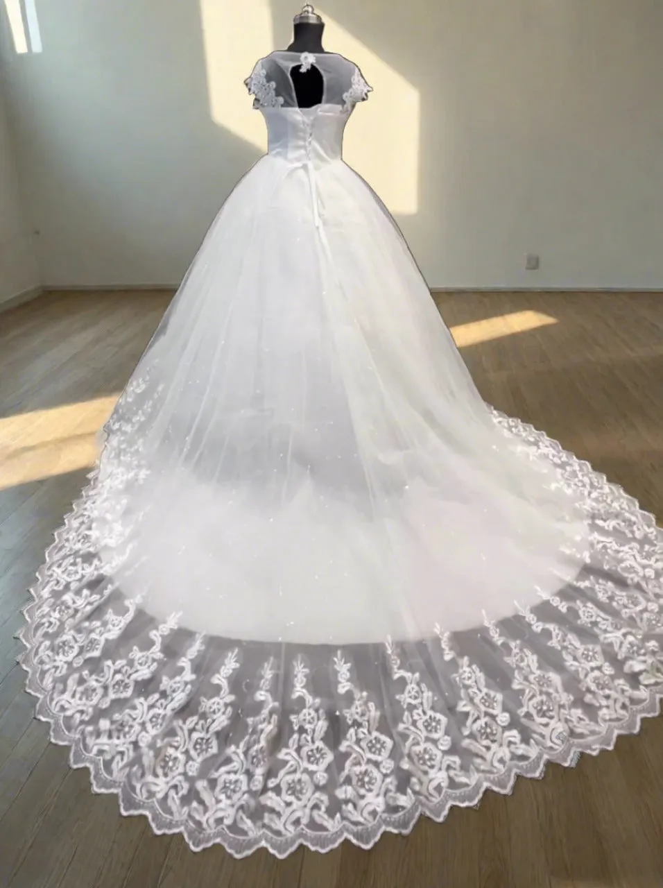 GownLink Stunning White Catholic Wedding Train Gown with Beaded Lace GLHMD16050083T