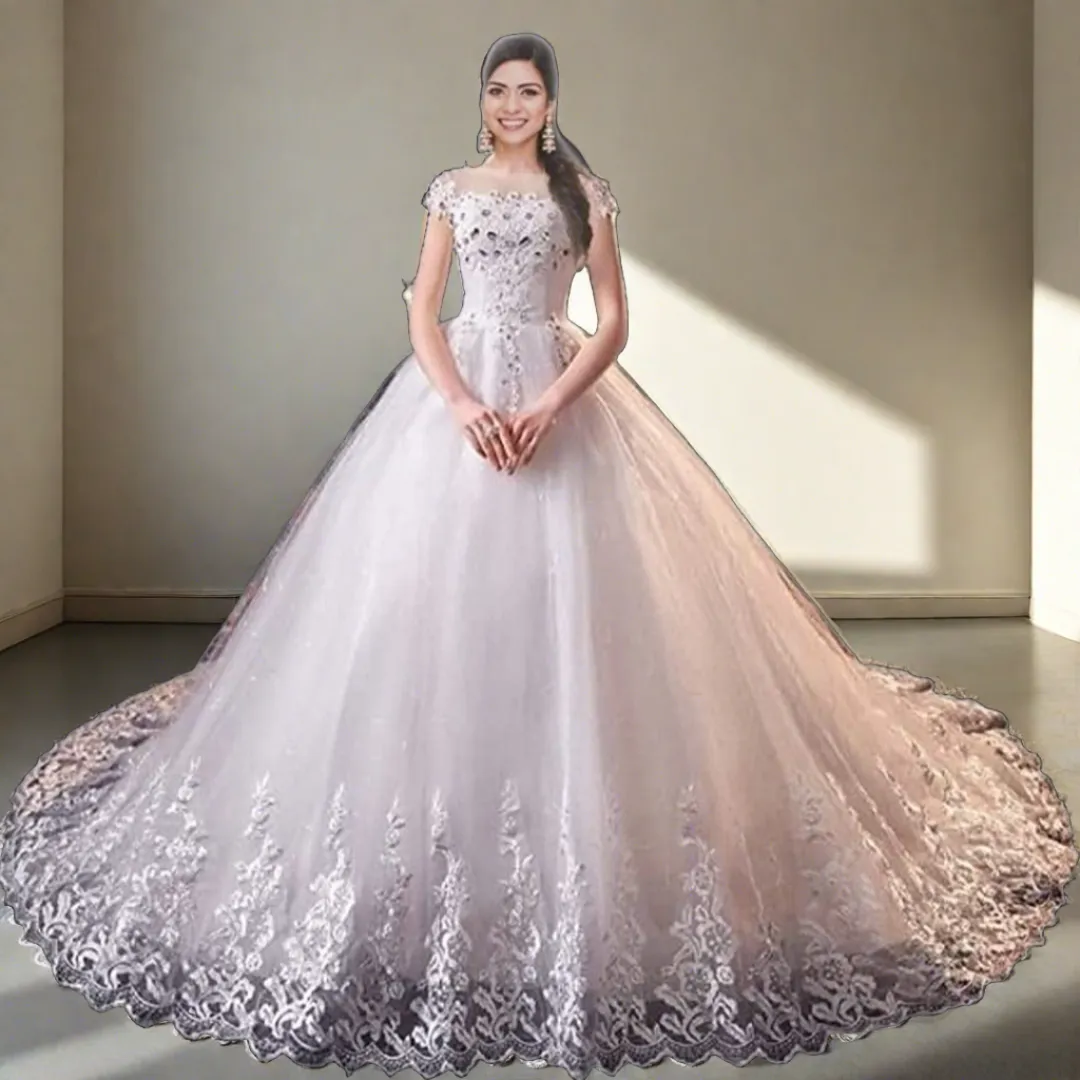 GownLink Stunning White Catholic Wedding Train Gown with Beaded Lace GLHMD16050083T
