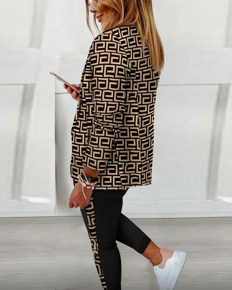 Graphic Print Blazer Coat & Drawstring Pants Set