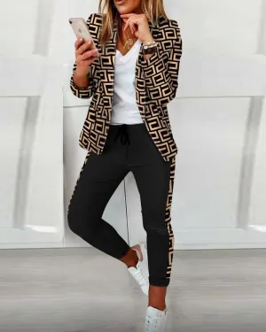 Graphic Print Blazer Coat & Drawstring Pants Set