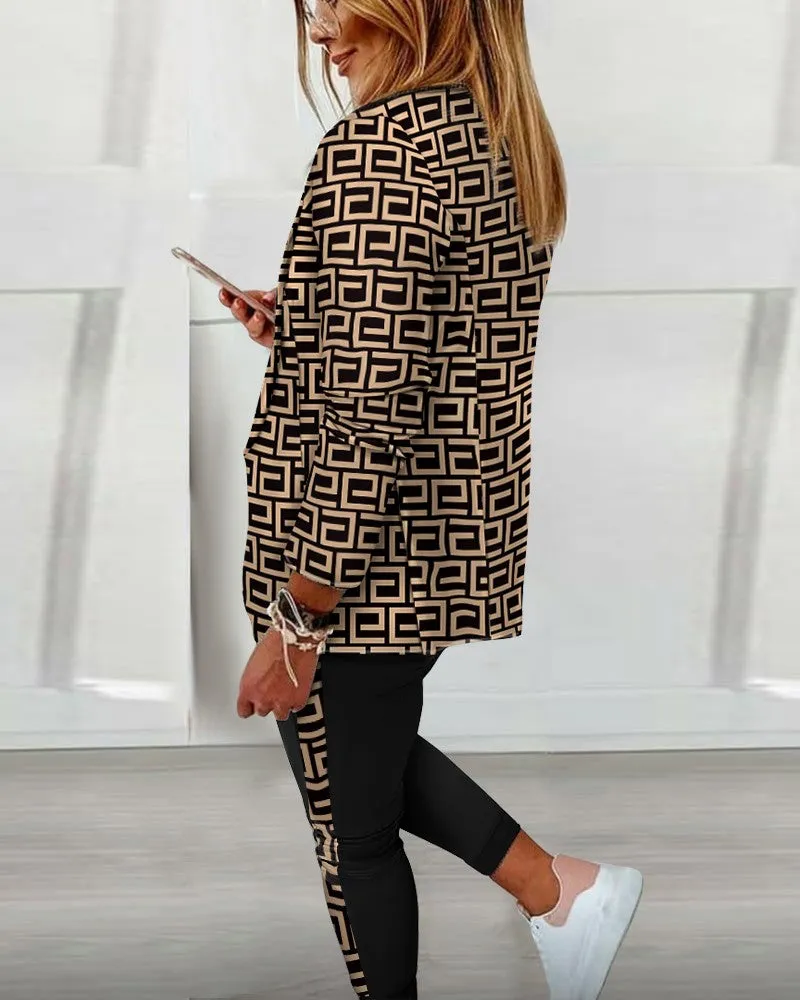Graphic Print Blazer Coat & Drawstring Pants Set