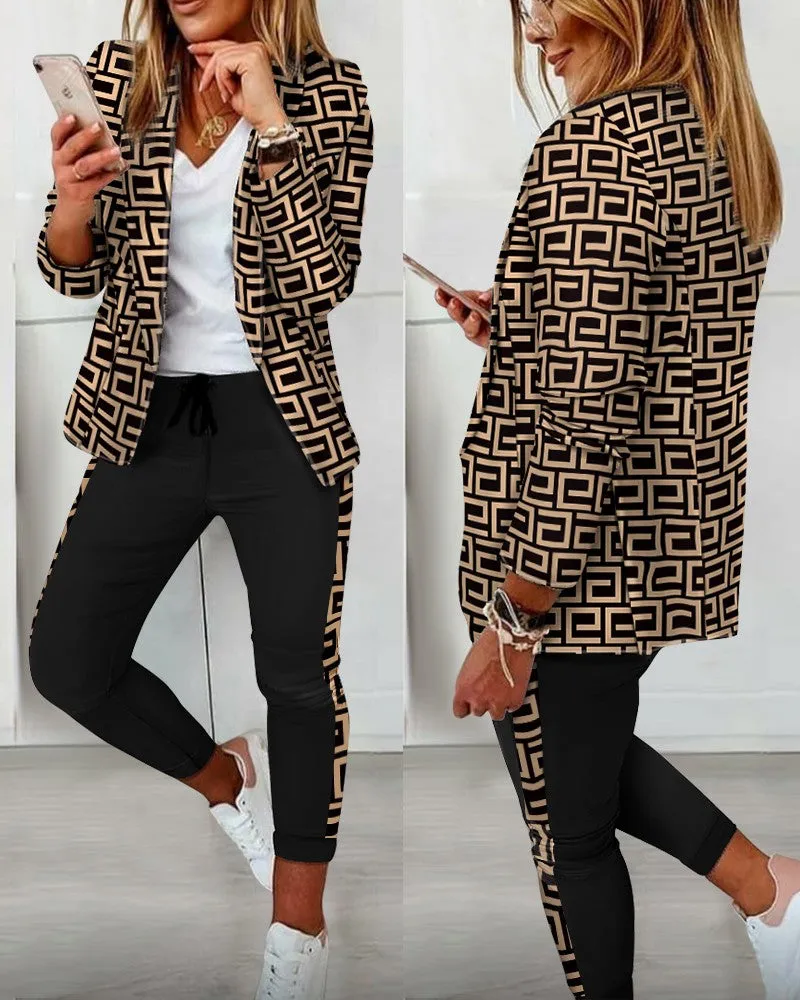 Graphic Print Blazer Coat & Drawstring Pants Set