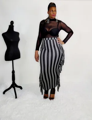 Grey/Black Stripe Maxi Fringe Skirt