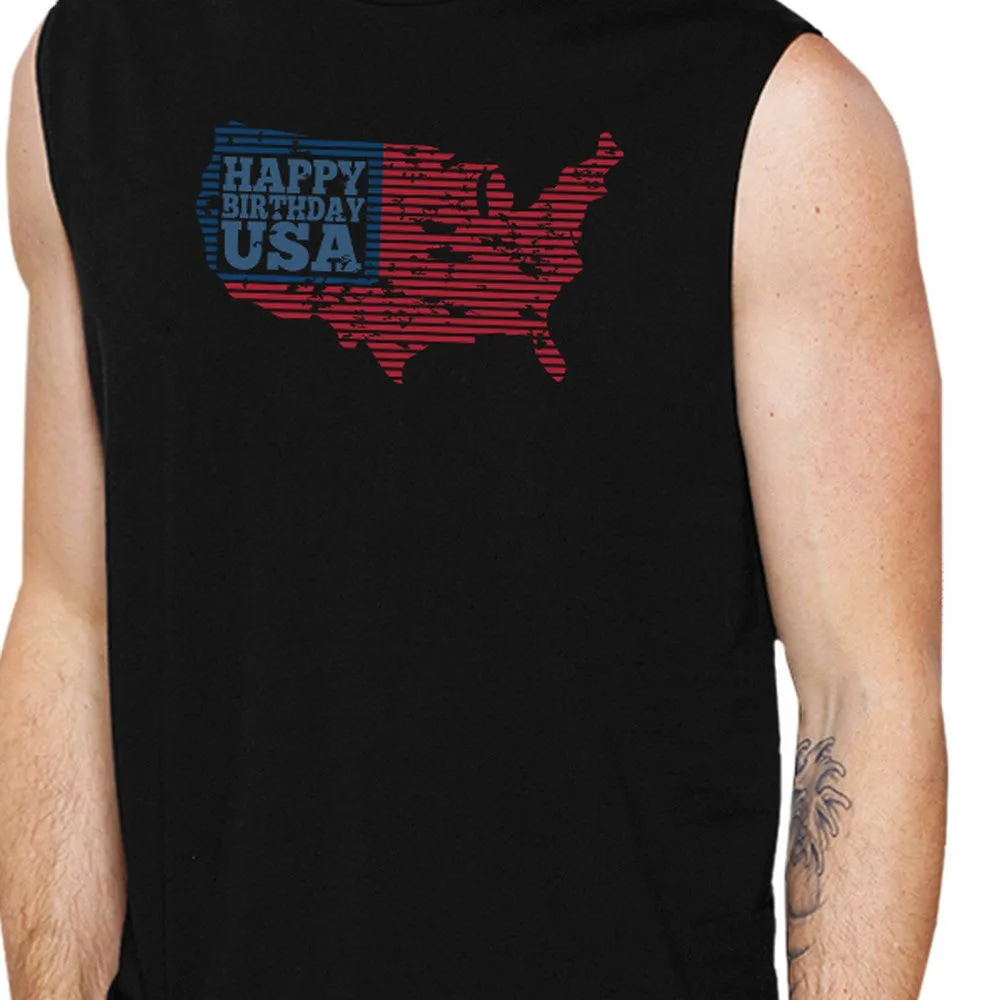 Happy Birthday USA Mens Black Cap Sleeve Tshirt Funny 4 Of July Tee