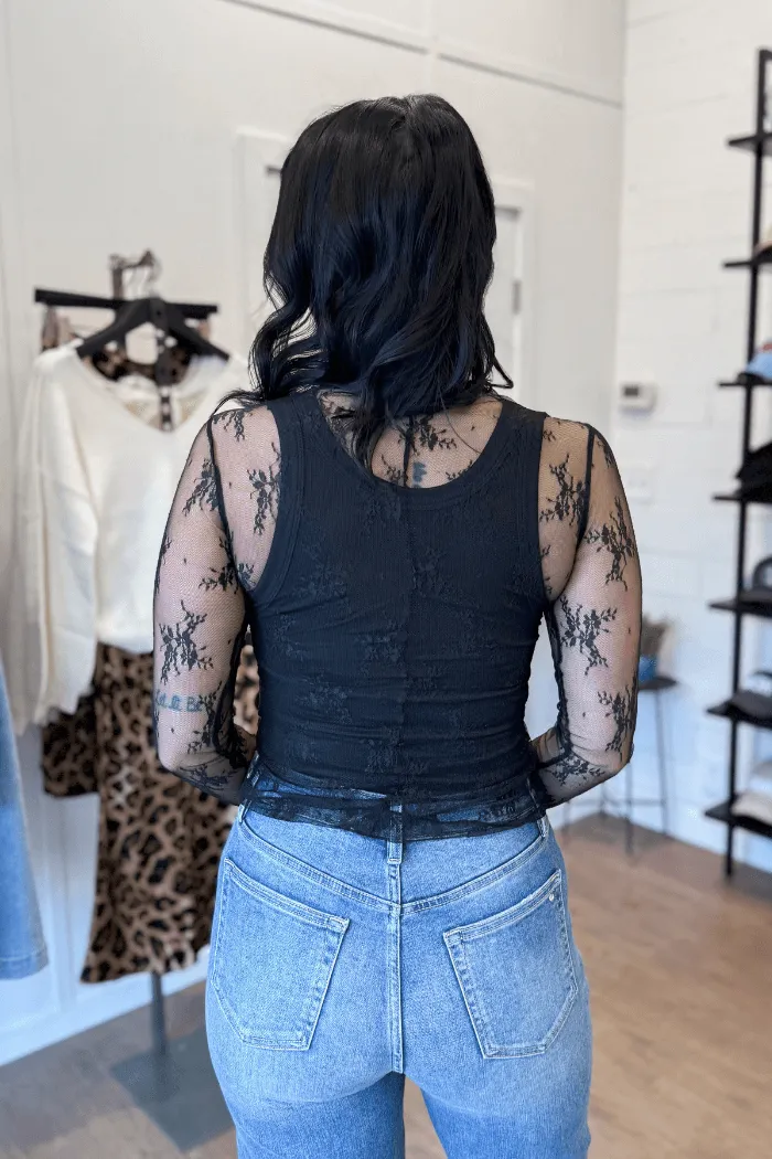 High Neck Lace Fitted Top in Black