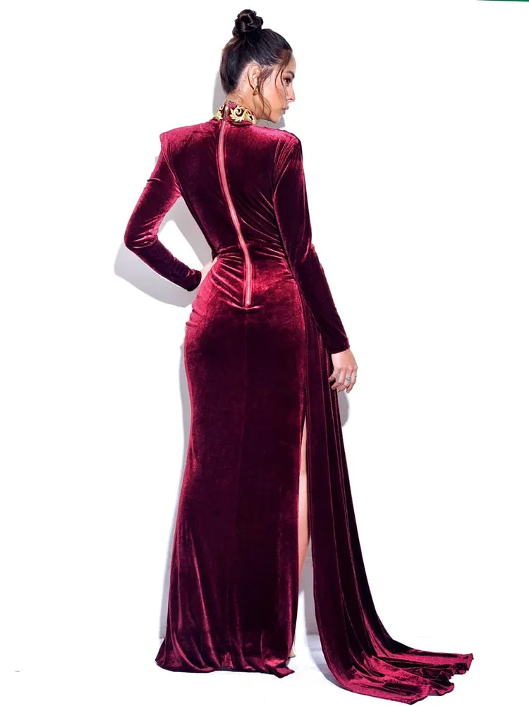 High Slit Sexy Beauty Pageant Velvet Gowns Dress