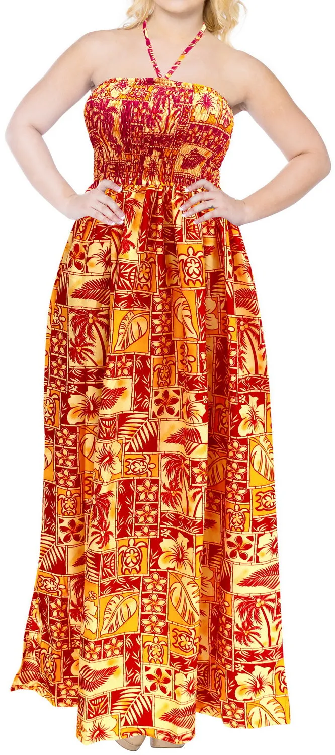 LA LEELA Long Maxi Tube Dress With Palm Tree And Leaves Print All Over Halter Neck Boho Casual Everyday Chic Outfit Female