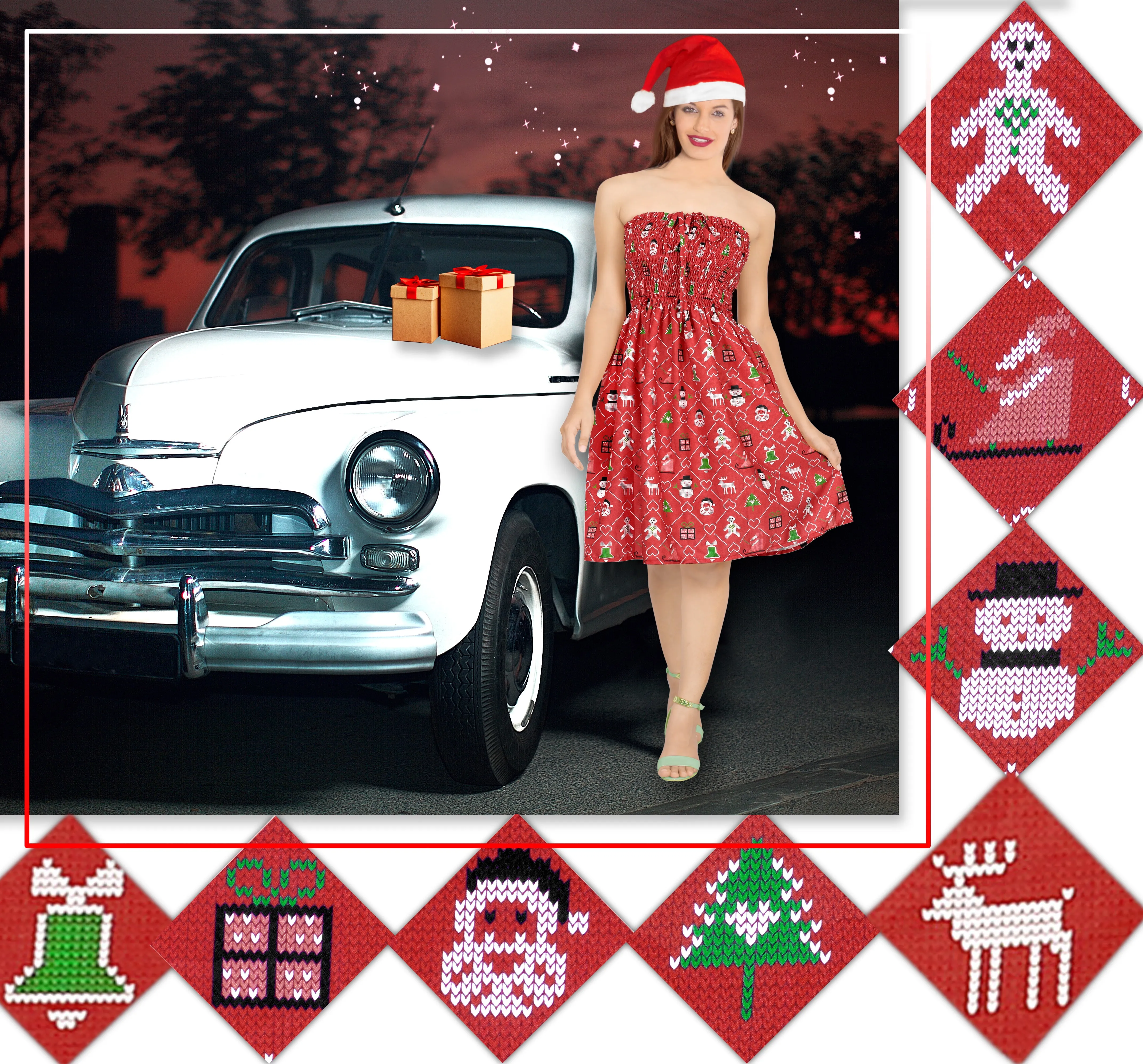 LA LEELA Women's Christmas Halter Neck Sundress Strapless Dress L-XL Red