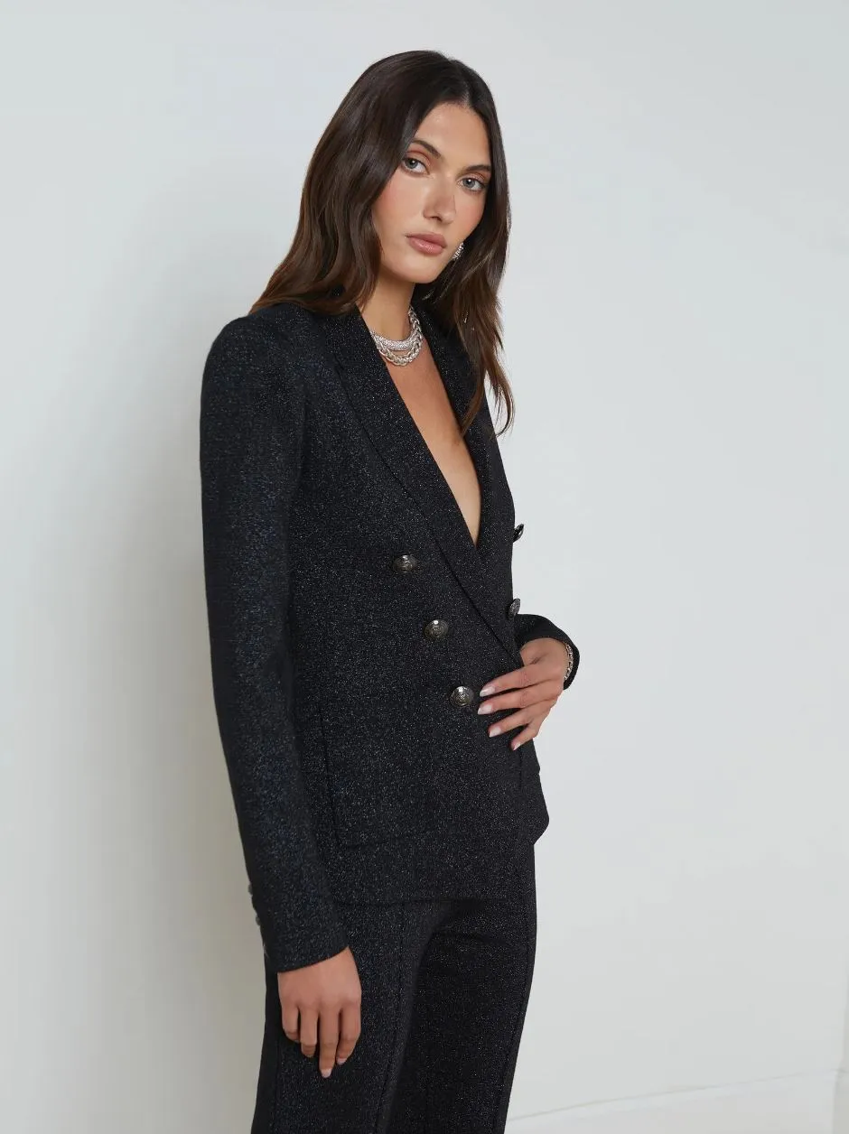 L'agence Kenzie Metallic Knit Blazer in Black/Gunmetal Lurex